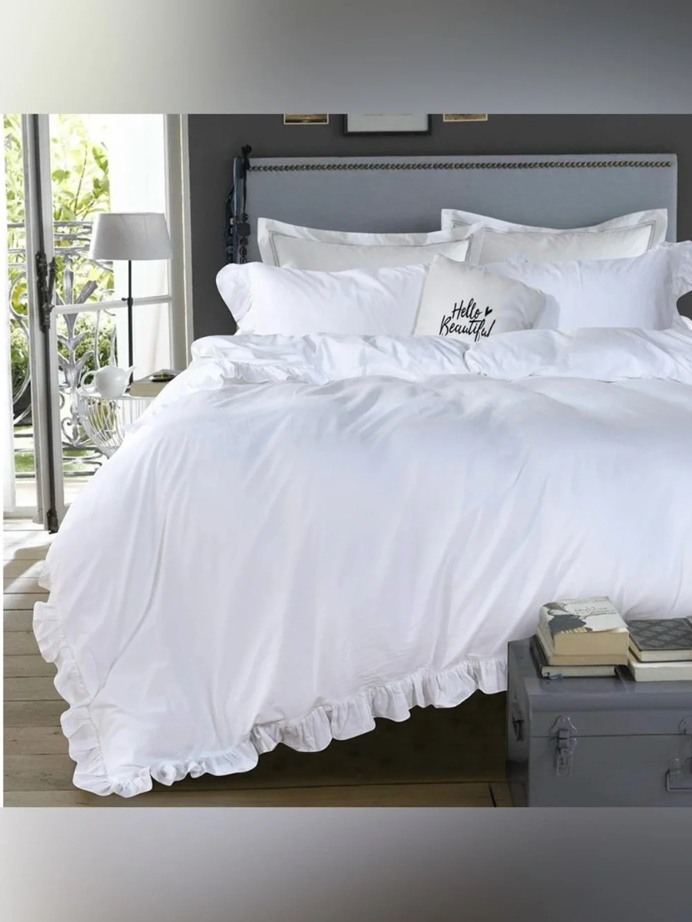 QUEEN SIZE Farmhouse Ruffle DUVET SET 100% WASHED COTTON - WHITE